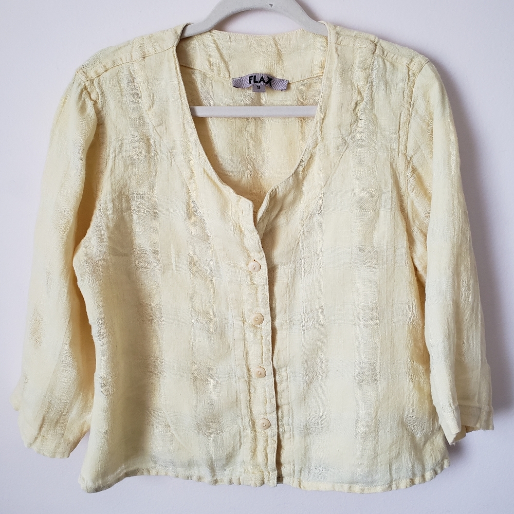 Flax Shirt Women Small Yellow 100% Linen Relaxed Fit Lagenlook Minimalist Beach